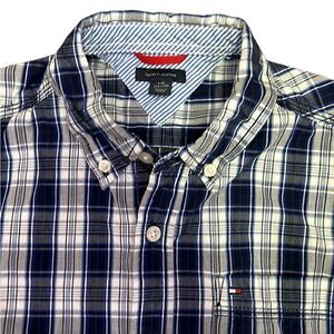 Tommy Hilfiger Boys Large 14/16 Blue Grey White Plaid Button Down Shirt